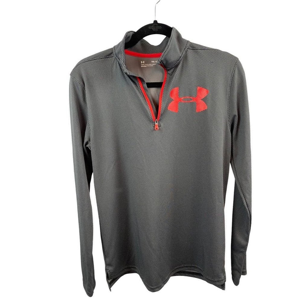 XL Youth Under Armour 1/4 Zip Pullover Gray Red‎ Logo Long Sleeve Boy's